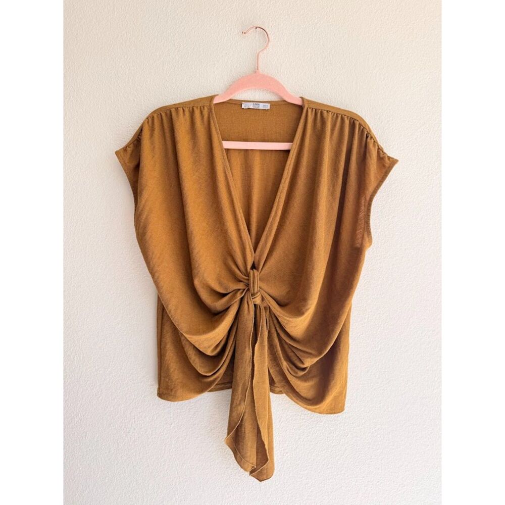 Zara Knotted Plunge Neck Drapey Crop Top in Camel Brown size Small